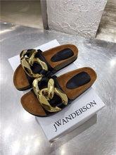 将图片加载到图库查看器,Women Slippers Metal Chain Leather Flat Slippers Women Fashion Casual Shoes Runway Half Women Flat Slide Sandals Slip On Open Toe Sandals Casual Style Slippers