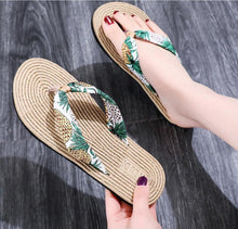将图片加载到图库查看器,Women Summer Floral Flip Flops Beach Sandals Thongs Slippers Hemp Rope Travel Flip-Flops Unisex Home Slippers Flax Women House Slipper Open-Toe Breathable Slippers