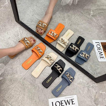 将图片加载到图库查看器,Women Summer Slipper Square Toe Chain Slippers Slip On Flat Slide Sandals Beach Flip Flops Casual Shoes Woman Heel Shoes Open Toe Slip On Dress Backless Heels Slides Slippers