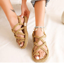 将图片加载到图库查看器,Women Summer Straw Rope Mesh Sandals Cross Tied Flat Sea Beach Casual Light Multi Elegant Design Flip Flop Trend Fashion High Quality Handmade Natural Comfortable Walking Sandals With Arch Support For Women