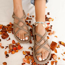 将图片加载到图库查看器,Women Summer Straw Rope Mesh Sandals Cross Tied Flat Sea Beach Casual Light Multi Elegant Design Flip Flop Trend Fashion High Quality Handmade Natural Comfortable Walking Sandals With Arch Support For Women
