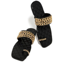 Load image into Gallery viewer, Women Summer Weave Slides Chain Decorative Flip Flops Outdoor Casual Sandals Square Heel Slippers Metal Chain Elastic Slingback Cute Flat Dressy Casual Summer Beach Sandals