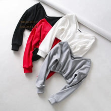 将图片加载到图库查看器,Women Sweatshirt Streetwear Hoodies Hip Pop Crop Top Female Long Sleeve Deep V Neck Pullovers Womens Sweatshirts Pullover Tops Drop Shoulder Running Activewear Casual Gym Workout Sweatshirt