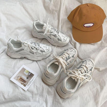 Load image into Gallery viewer, Women Thick Sneakers Fashion Mesh Chunky Sneakers Casual Shoes Autumn Reflective Comfortable Thick Sole White Flats Platform High Lace Up White Sneakers