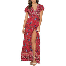 Load image into Gallery viewer, Women's Bohemian Floral Printed Wrap V Neck Maxi Dress