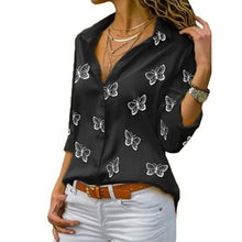 将图片加载到图库查看器,Women's Butterfly Long Sleeve Print Shirt Collar Basic Tops