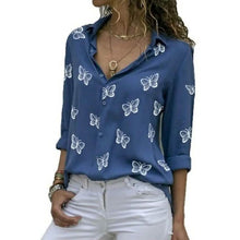 将图片加载到图库查看器,Women's Butterfly Long Sleeve Print Shirt Collar Basic Tops