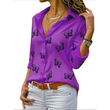 将图片加载到图库查看器,Women's Butterfly Long Sleeve Print Shirt Collar Basic Tops