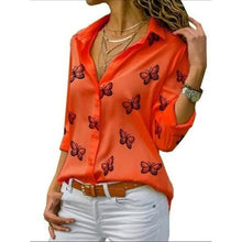 将图片加载到图库查看器,Women's Butterfly Long Sleeve Print Shirt Collar Basic Tops