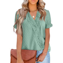 Load image into Gallery viewer, Women's Casual Lace Pom Pom V Neck Chiffon Short Sleeve Top