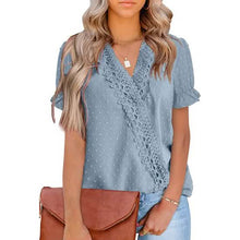 Load image into Gallery viewer, Women's Casual Lace Pom Pom V Neck Chiffon Short Sleeve Top