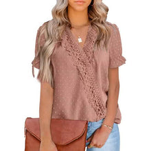 Load image into Gallery viewer, Women's Casual Lace Pom Pom V Neck Chiffon Short Sleeve Top