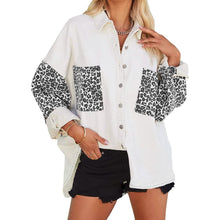 将图片加载到图库查看器,Womens Contrast Leopard Denim Jacket Long Sleeve Button Down Shirts