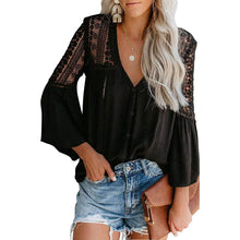 Load image into Gallery viewer, Women's Lace Crochet V Neck 3/4 Sleeve Button Down Blouses Casual Shirts Tops
