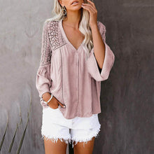 Load image into Gallery viewer, Women's Lace Crochet V Neck 3/4 Sleeve Button Down Blouses Casual Shirts Tops