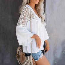 Load image into Gallery viewer, Women's Lace Crochet V Neck 3/4 Sleeve Button Down Blouses Casual Shirts Tops