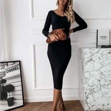 Load image into Gallery viewer, Women's Long Sleeve Dress V-neck Casual Dresses Soid Color Stripe Bodycon Dress Plus Size Long Dress