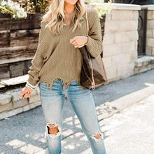 Load image into Gallery viewer, Women's Loose Knitted Sweater Long Sleeve V-Neck Ripped Pullover Sweaters Crop Top Knit Jumper