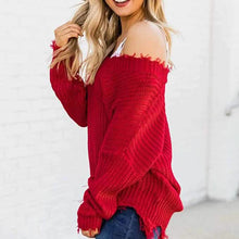 Load image into Gallery viewer, Women's Loose Knitted Sweater Long Sleeve V-Neck Ripped Pullover Sweaters Crop Top Knit Jumper