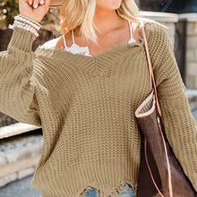 Load image into Gallery viewer, Women's Loose Knitted Sweater Long Sleeve V-Neck Ripped Pullover Sweaters Crop Top Knit Jumper