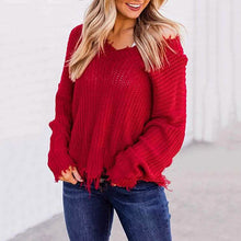 Load image into Gallery viewer, Women's Loose Knitted Sweater Long Sleeve V-Neck Ripped Pullover Sweaters Crop Top Knit Jumper