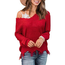 Load image into Gallery viewer, Women's Loose Knitted Sweater Long Sleeve V-Neck Ripped Pullover Sweaters Crop Top Knit Jumper