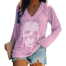 Load image into Gallery viewer, Women's Loose Skull Printed Long Sleeved V-neck Shirts Cotton Tops