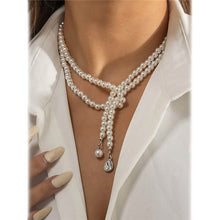 将图片加载到图库查看器,Women's Elegant Multi-Layered Faux Pearl Necklace, Boho Tassel Pendant, Dual-Strand Jewelry