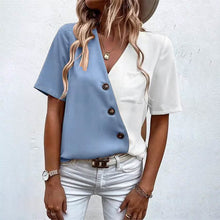 Load image into Gallery viewer, Women's Pocket Button V-Neck Short Sleeve Shirt