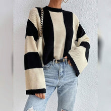 将图片加载到图库查看器,Women's Pullover Ribbed Knit Patchwork Striped Sweater