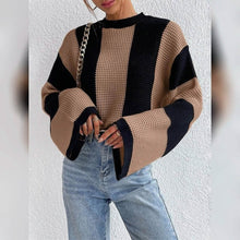 将图片加载到图库查看器,Women's Pullover Ribbed Knit Patchwork Striped Sweater