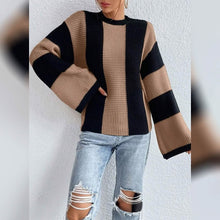 将图片加载到图库查看器,Women's Pullover Ribbed Knit Patchwork Striped Sweater