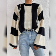 将图片加载到图库查看器,Women's Pullover Ribbed Knit Patchwork Striped Sweater