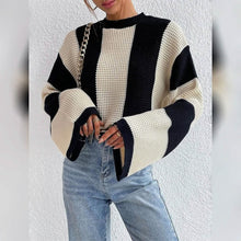 将图片加载到图库查看器,Women's Pullover Ribbed Knit Patchwork Striped Sweater