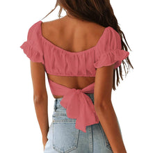 Load image into Gallery viewer, Women's Ruffle Short Sleeve Tie Shirt