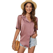 Load image into Gallery viewer, Women's Short Sleeve Casual Satin Button Down Shirt