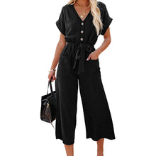 Load image into Gallery viewer, Women's Short Sleeve V Neck Button Belt Wide Leg Jumpsuit