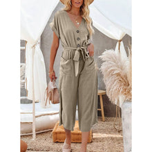 Load image into Gallery viewer, Women's Short Sleeve V Neck Button Belt Wide Leg Jumpsuit