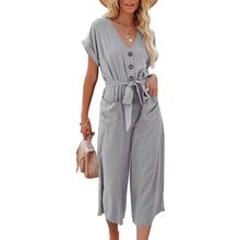 Load image into Gallery viewer, Women's Short Sleeve V Neck Button Belt Wide Leg Jumpsuit