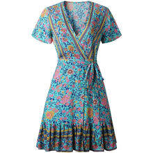 Load image into Gallery viewer, Women's Summer Wrap V Neck Bohemian Floral Print Mini Dress