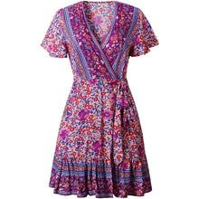 Load image into Gallery viewer, Women's Summer Wrap V Neck Bohemian Floral Print Mini Dress