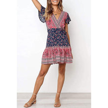 Load image into Gallery viewer, Women's Summer Wrap V Neck Bohemian Floral Print Mini Dress