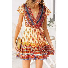 Load image into Gallery viewer, Women's Summer Wrap V Neck Bohemian Floral Print Mini Dress
