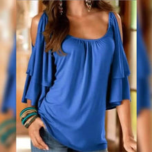 Load image into Gallery viewer, Women's T-Shirt Plain Ruffle Cold Shoulder Short Sleeve
