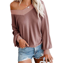 将图片加载到图库查看器,Women's V Neck Long Sleeve Waffle Knit Top Off Shoulder Oversized Pullover Sweater