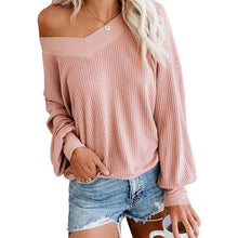 将图片加载到图库查看器,Women's V Neck Long Sleeve Waffle Knit Top Off Shoulder Oversized Pullover Sweater