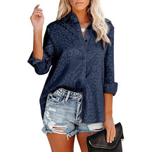Load image into Gallery viewer, Women's V Neck Satin Embossed Roll Up Cuff Button Shirt Top