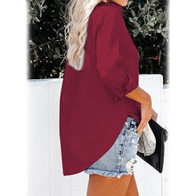 Load image into Gallery viewer, Women's V Neck Satin Embossed Roll Up Cuff Button Shirt Top