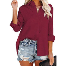 Load image into Gallery viewer, Women's V Neck Satin Embossed Roll Up Cuff Button Shirt Top
