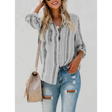 Load image into Gallery viewer, Women's V-Neck Striped Roll-Up Cuff Shirt